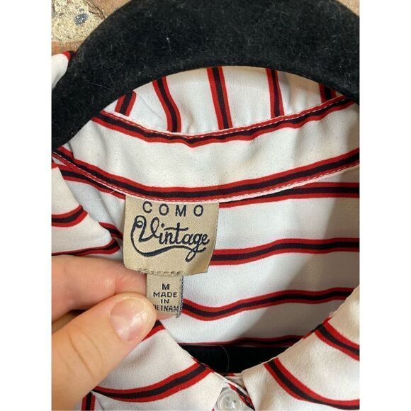 COMO Vintage Red Stripe Pointed Flat Collar Button Down Tunic Women’s Size M - Picture 6 of 16
